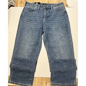 Express Rhinestone Embellished Wide Leg Jeans Medium Wash Blue Denim Womens 8